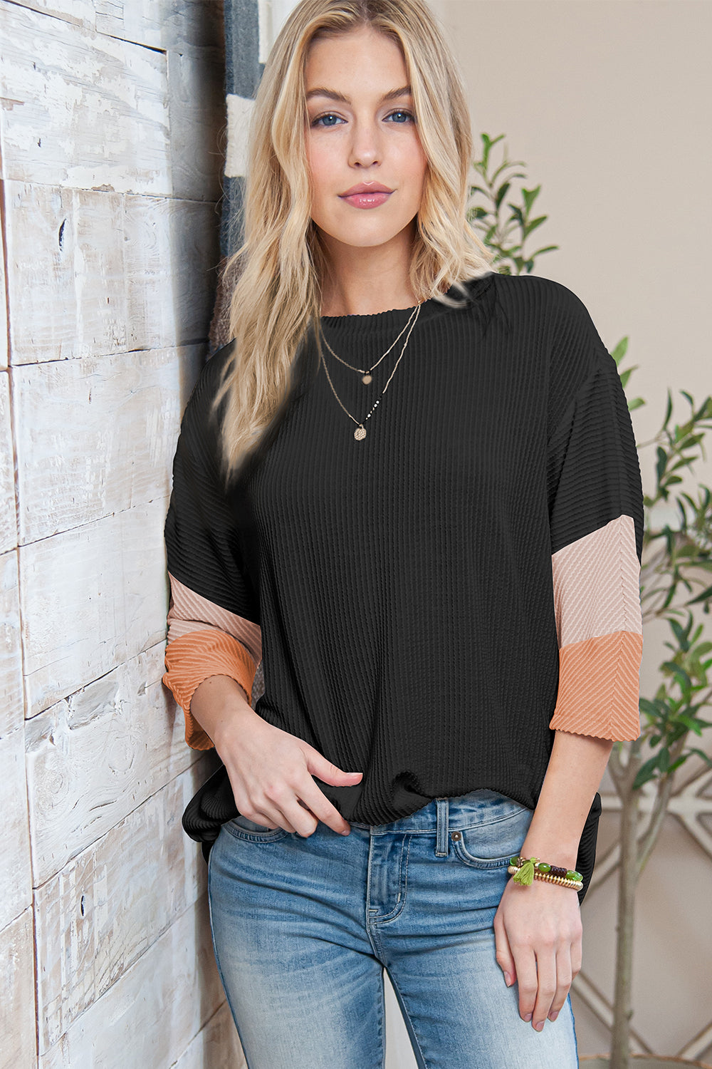 White Pit-striped Colorblock Drop Sleeve Top - Cowaa