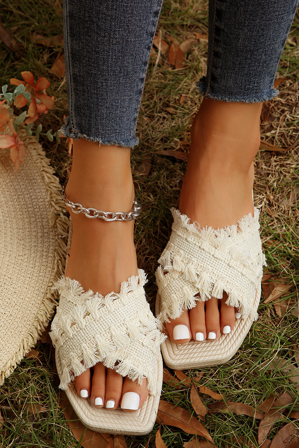 Beige Tassel Woven Crossed Straps Flat Sandels - Cowaa