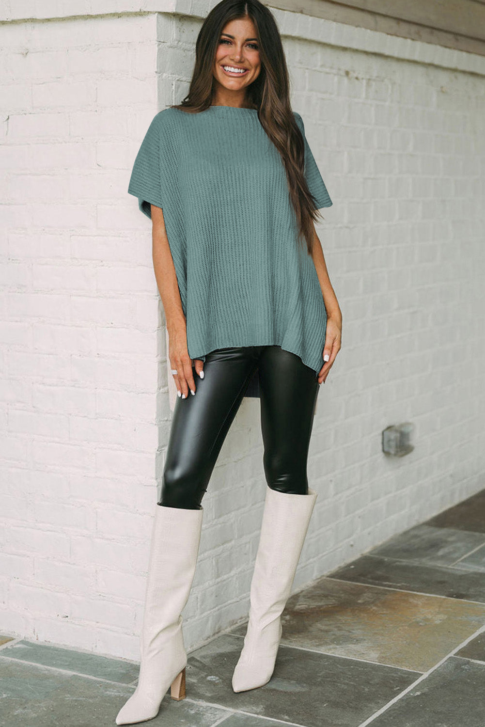 Rose Red Side Slit Short Sleeve Oversized Sweater - Cowaa