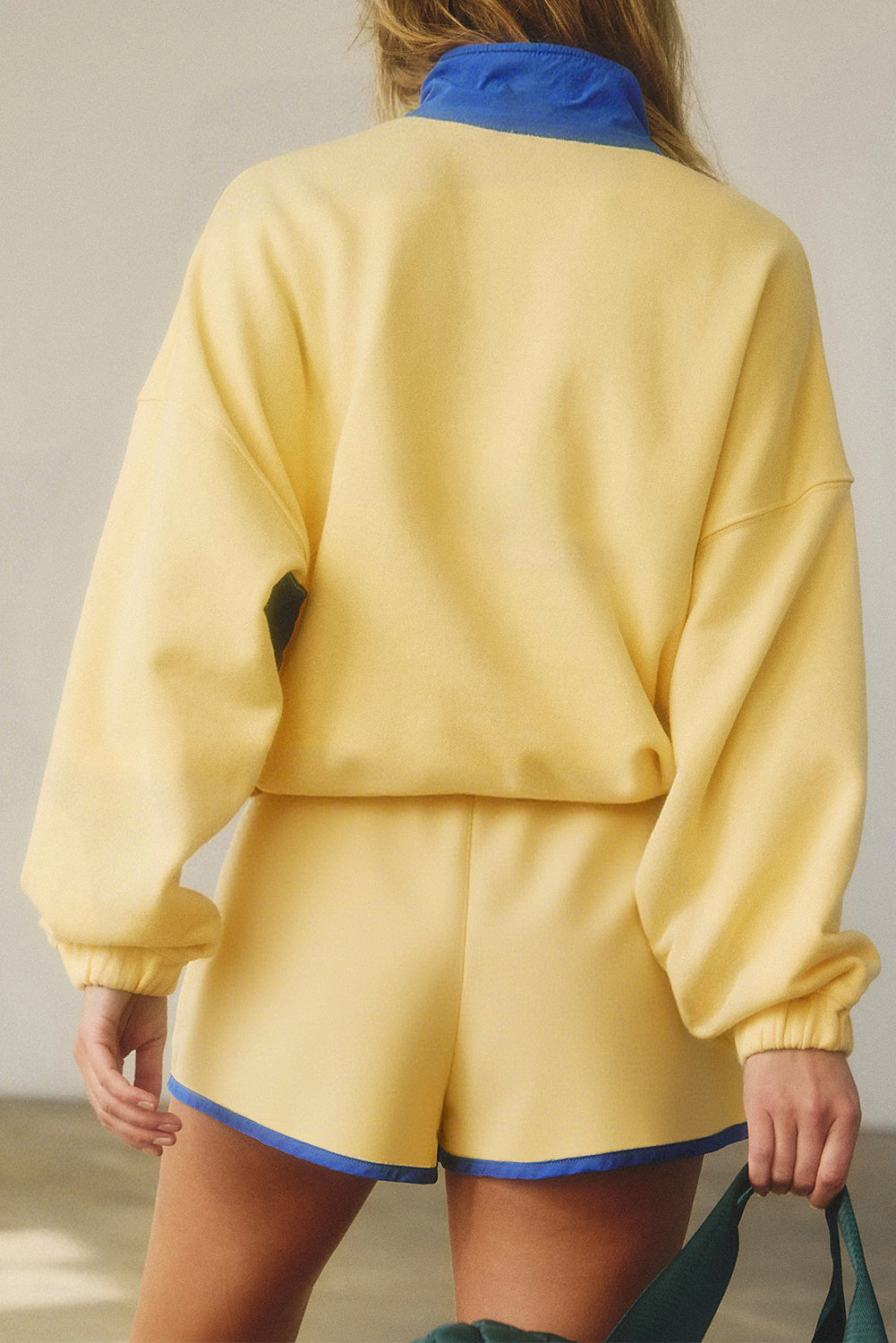 Red Dahlia Colorblock Patchwork Half Button Pullover and Shorts Outfit