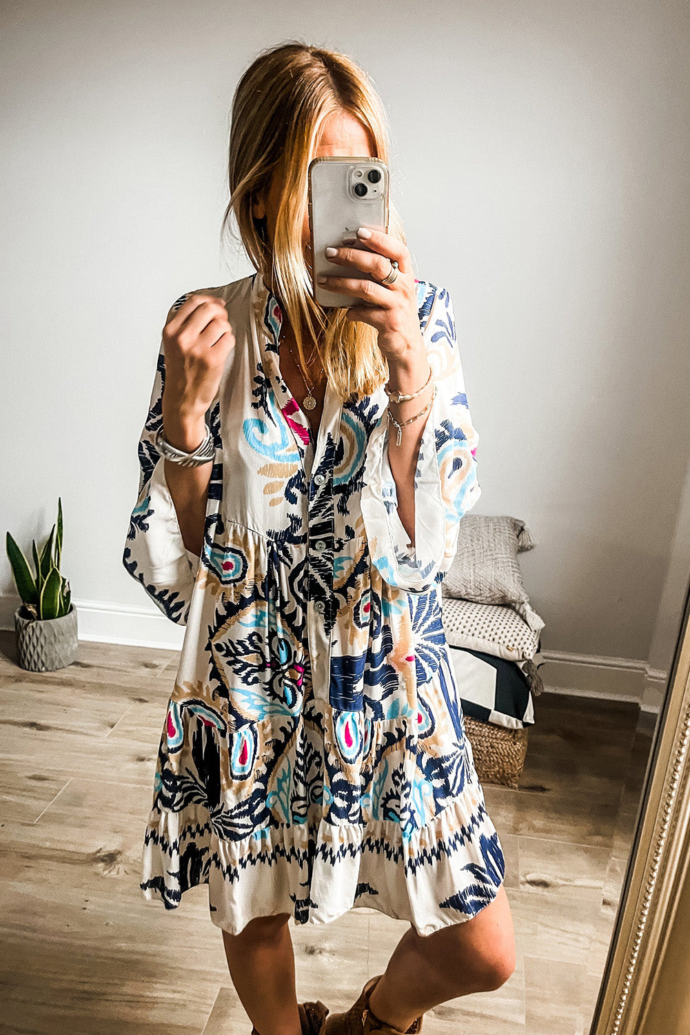 White Ethnic Print Boho Button Tiered Mini Dress - Cowaa