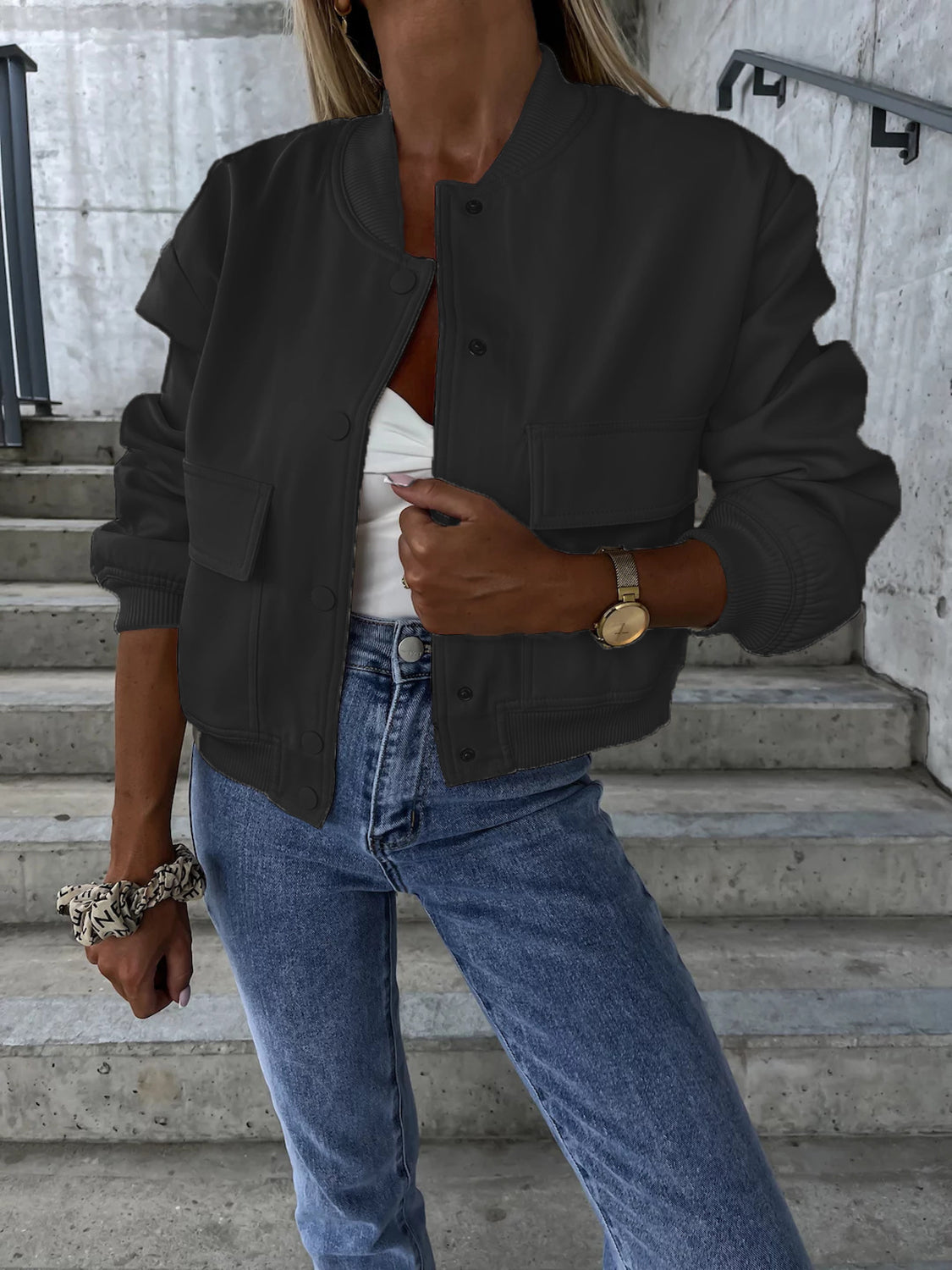Baseball Collar Dropped Shoulder Jacket - Cowaa