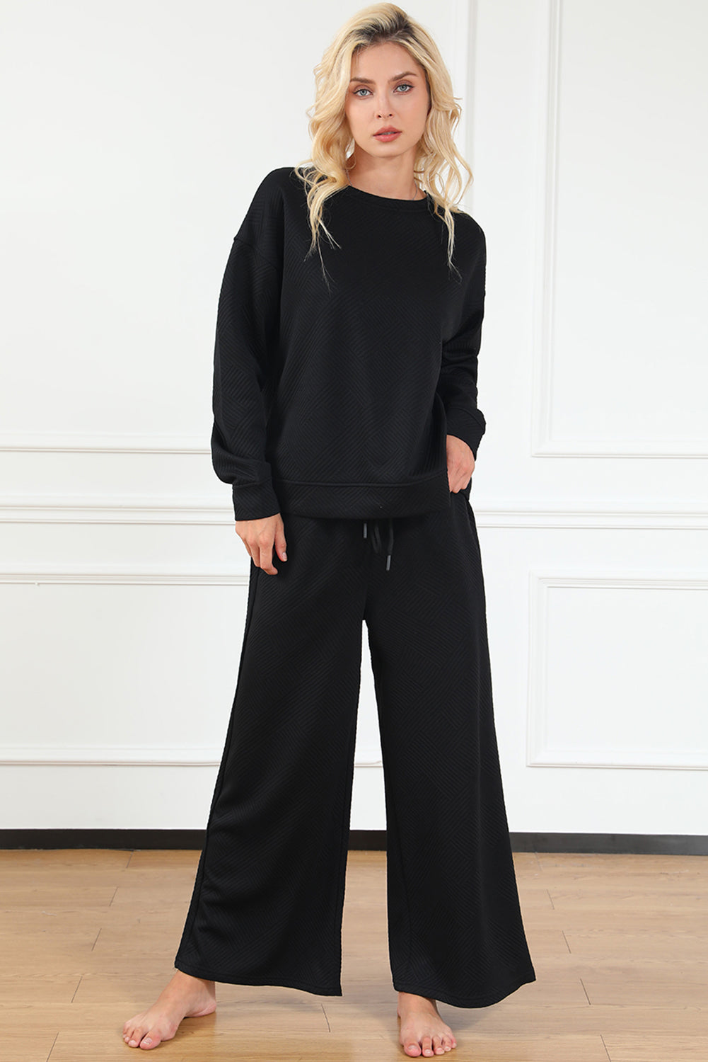 Strawberry Pink Textured Loose Slouchy Long Sleeve Top and Pants Set - Cowaa