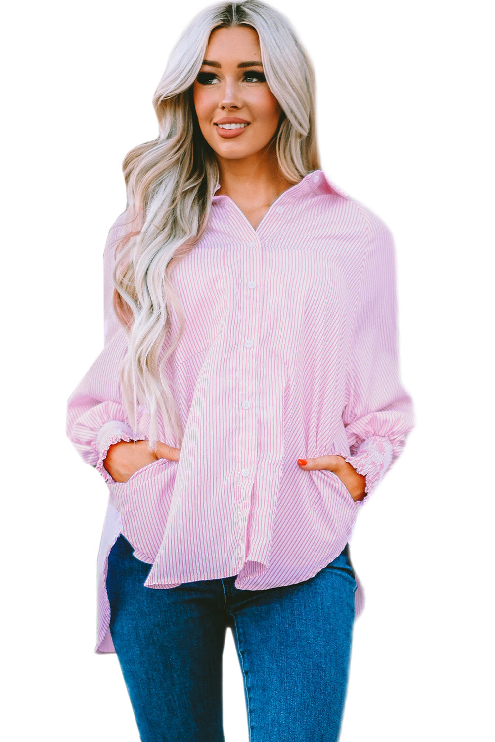 Black Striped Casual Shirred Cuffs Shirt - Cowaa