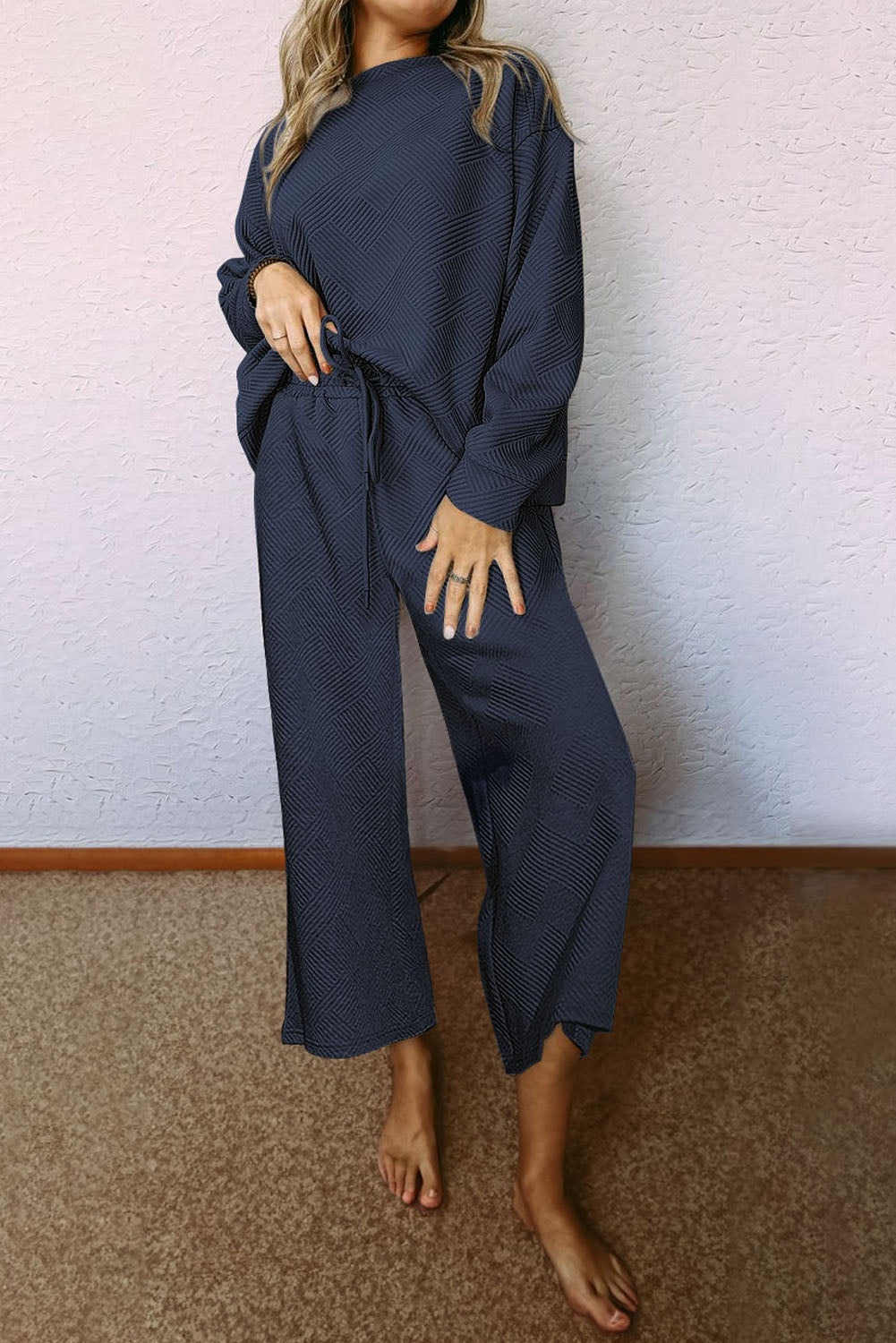 Strawberry Pink Textured Loose Slouchy Long Sleeve Top and Pants Set - Cowaa