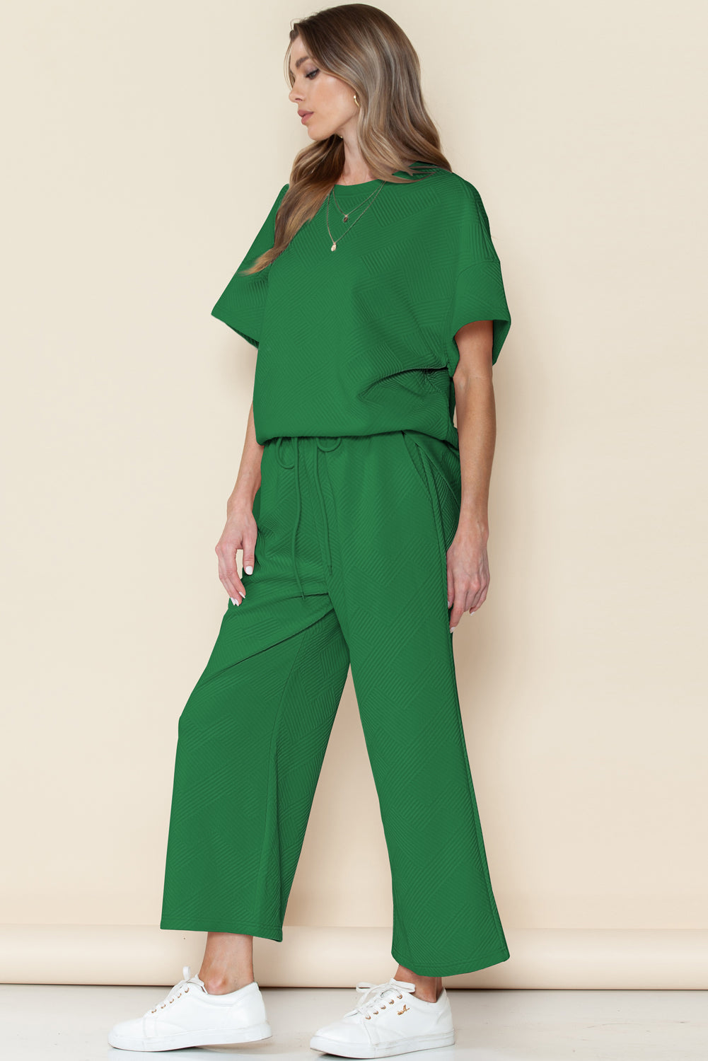 Navy Blue Textured Loose Fit T Shirt and Drawstring Pants Set - Cowaa