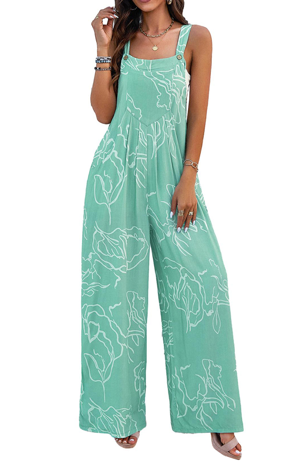 Moonlight Jade Abstract Print Wide Leg Bib Overall - Cowaa