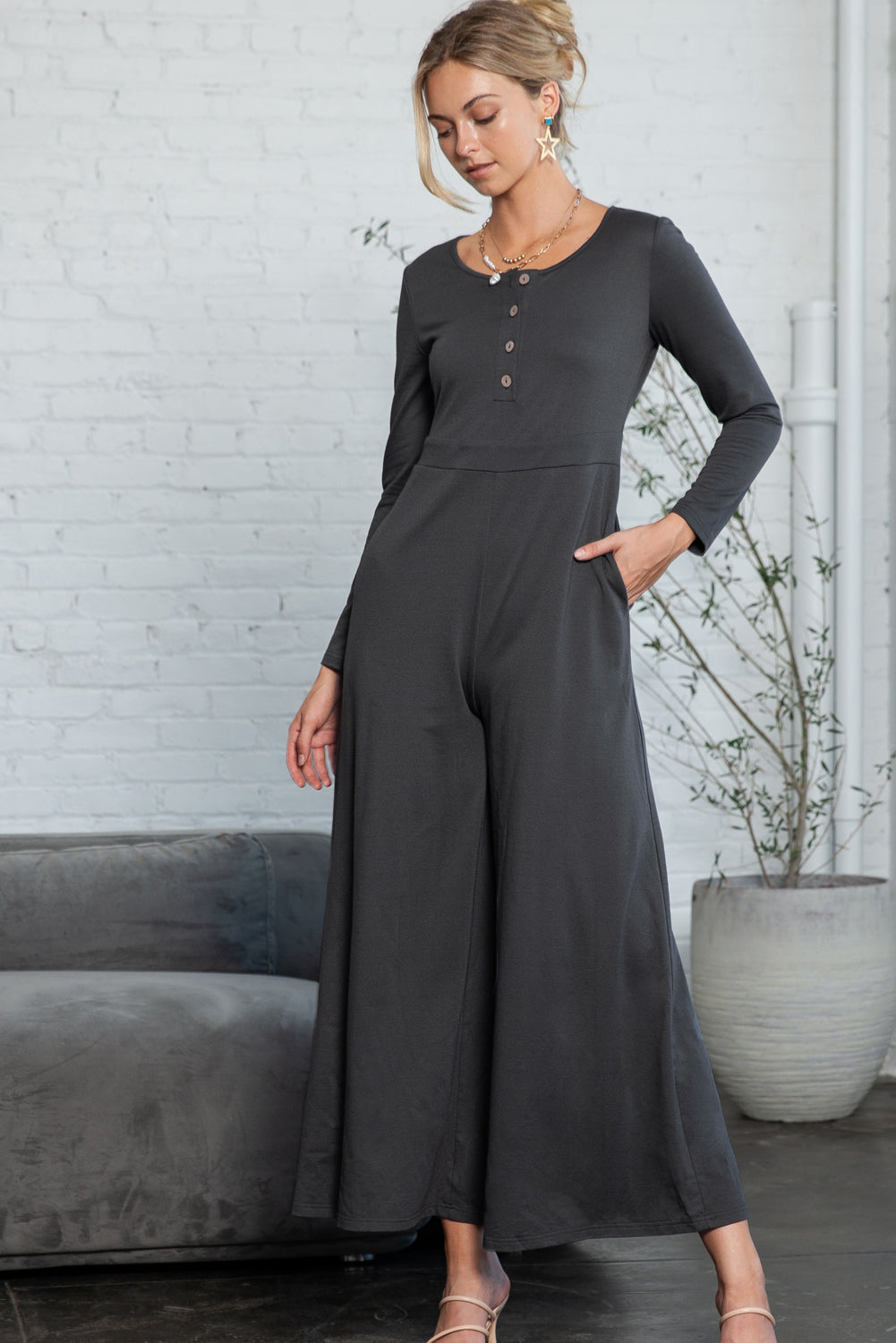 Dark Grey Henley Long Sleeve Wide Leg Jumpsuit with Pockets - Cowaa
