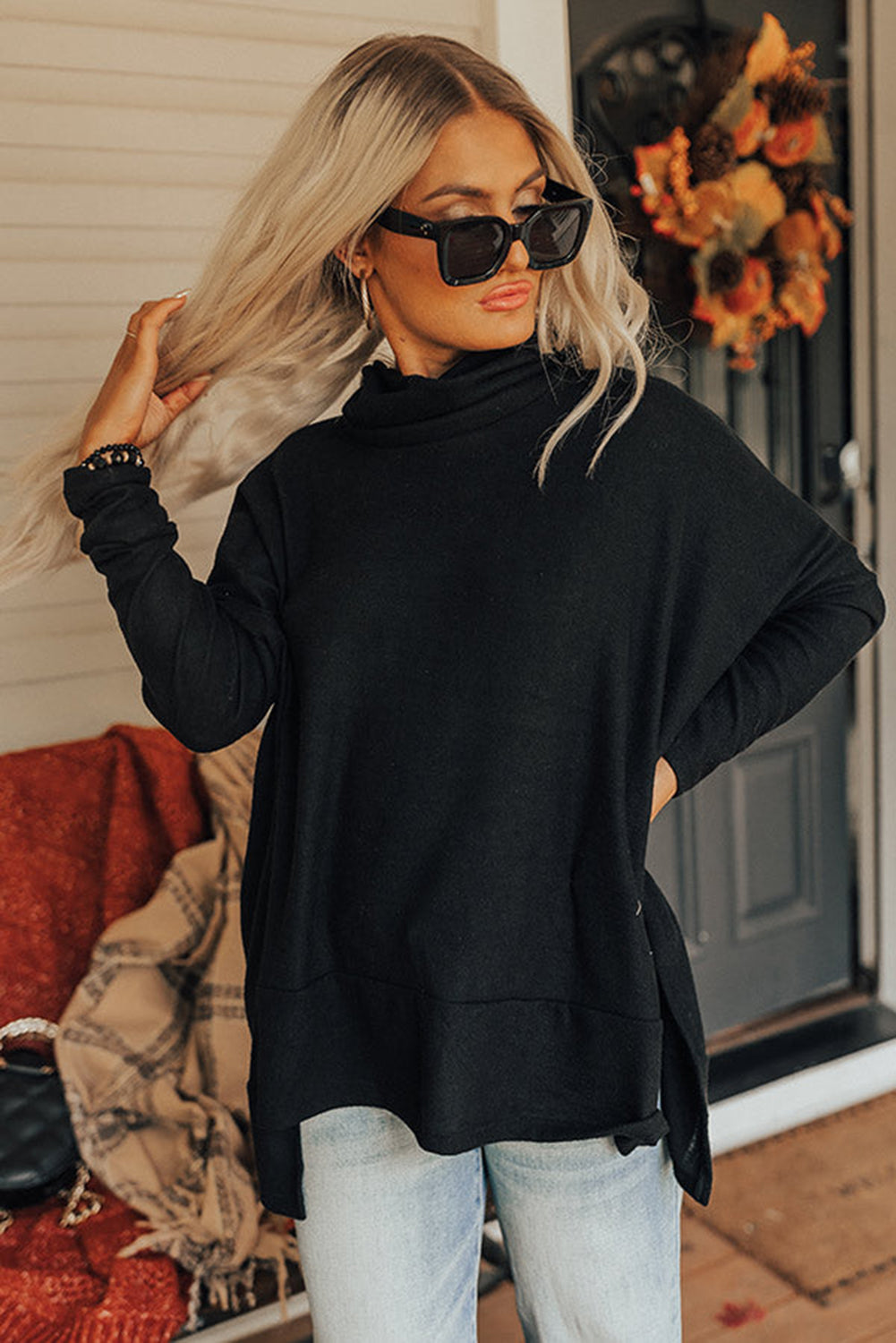 Cowl Neck Loose Fit Tunic Long Sleeve Top - Cowaa