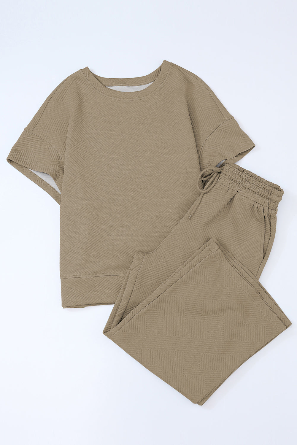 Navy Blue Textured Loose Fit T Shirt and Drawstring Pants Set - Cowaa