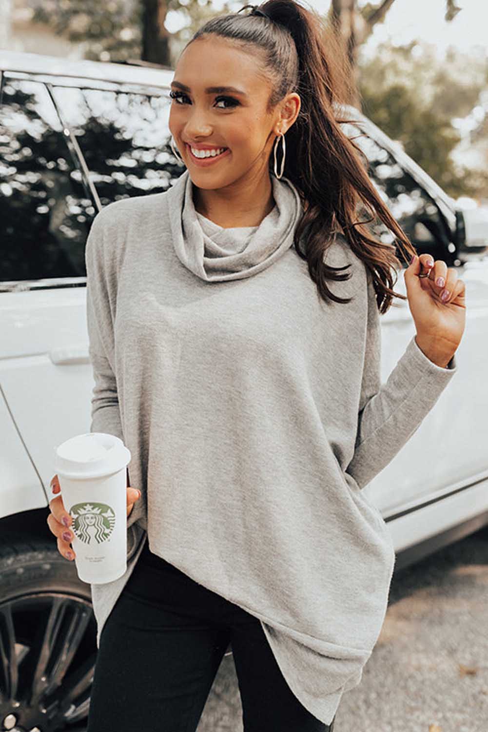 Cowl Neck Loose Fit Tunic Long Sleeve Top - Cowaa