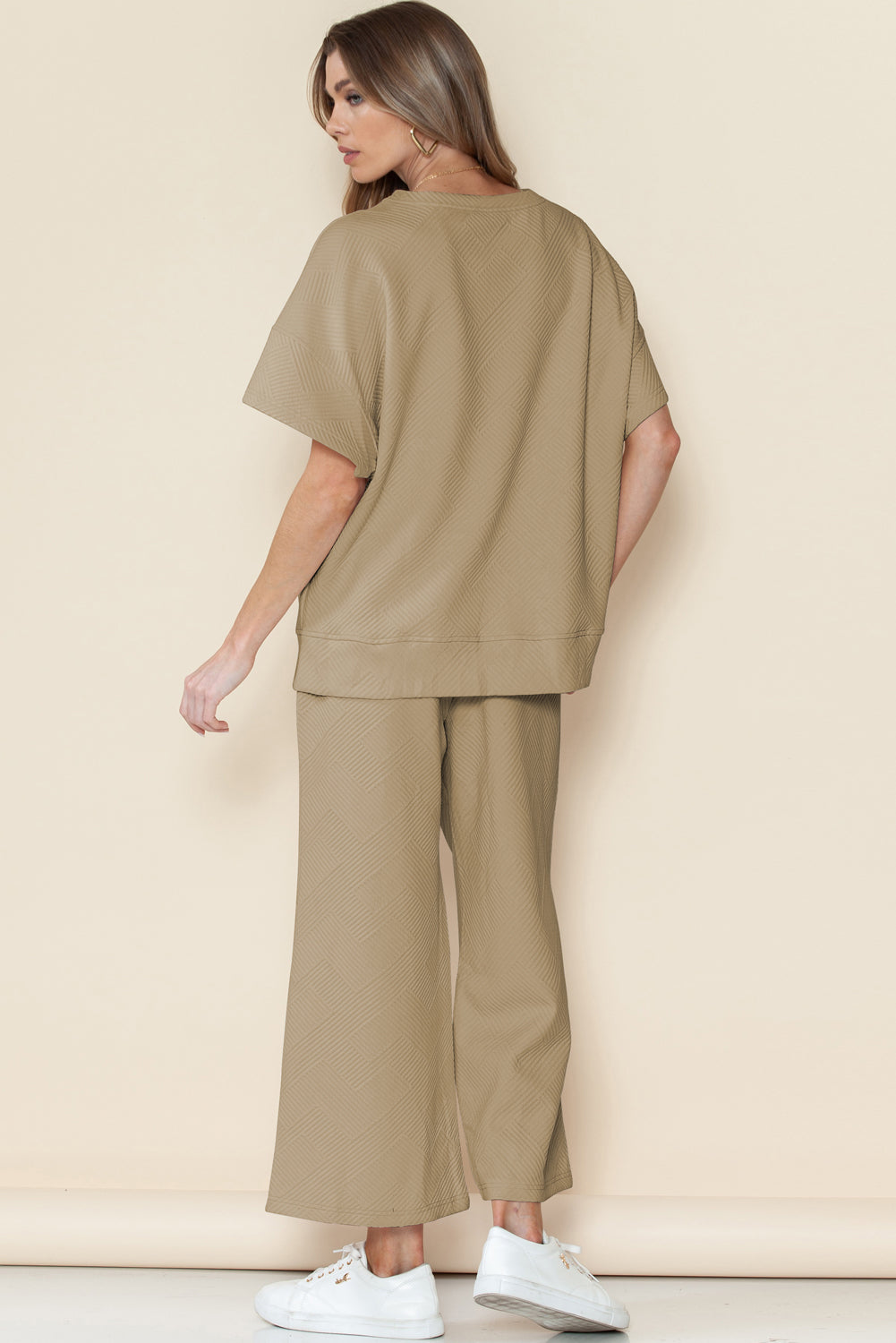 Navy Blue Textured Loose Fit T Shirt and Drawstring Pants Set - Cowaa