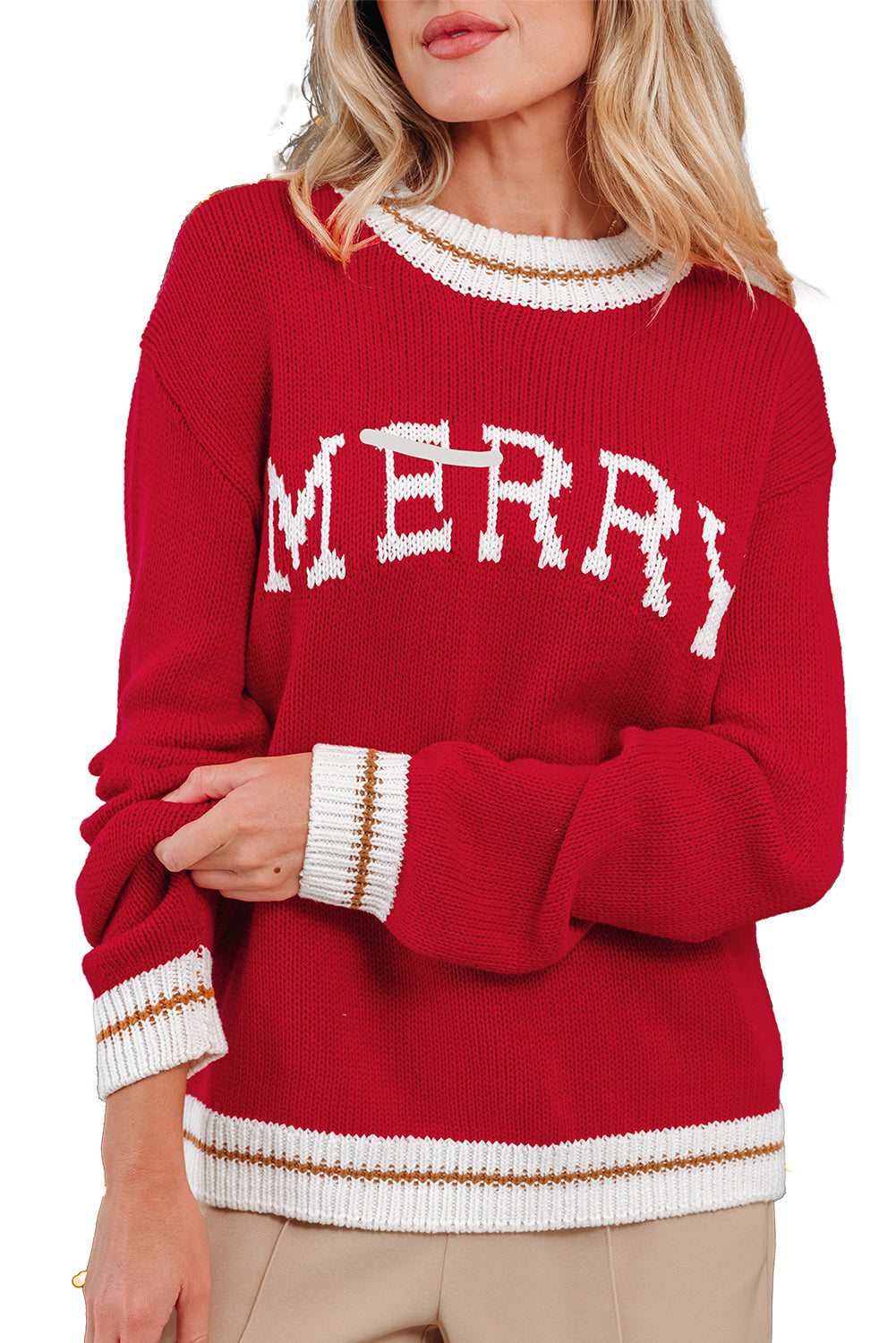 Fiery Red MERRY Color Block Edge Drop Shoulder Cozy Sweater - Cowaa