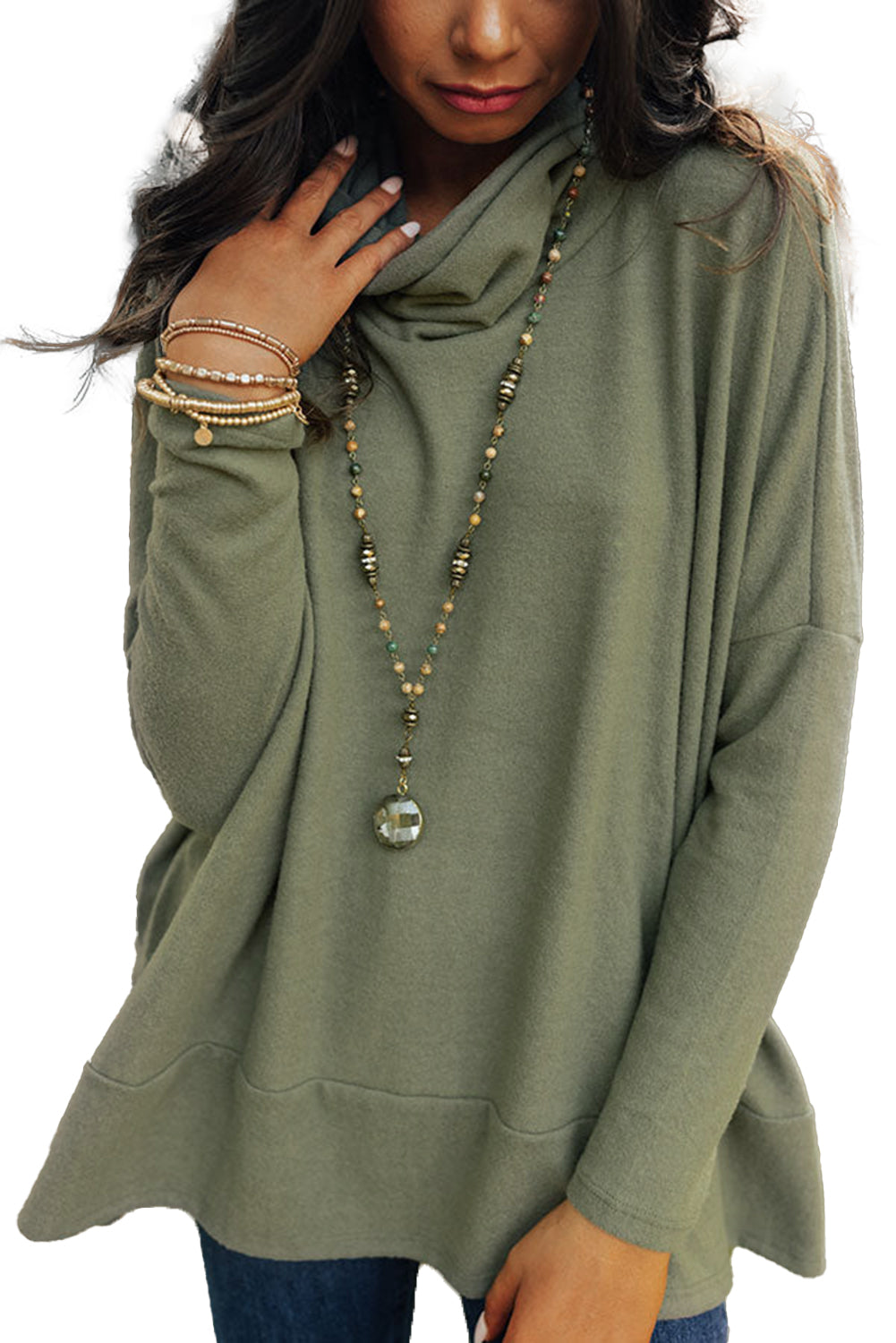 Cowl Neck Loose Fit Tunic Long Sleeve Top - Cowaa