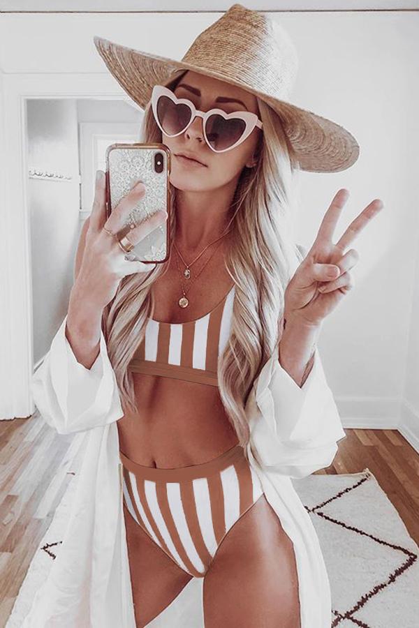 Striped Tank High Waist Bikini - Cowaa