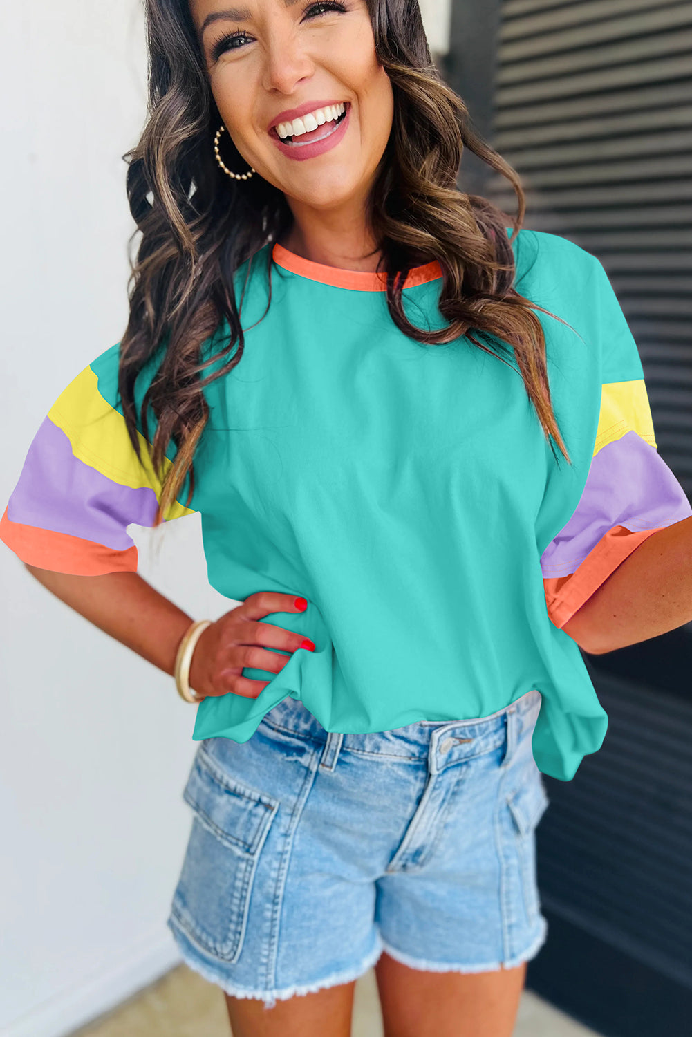 Green Color Block Sleeve Round Neck Oversize Top - Cowaa