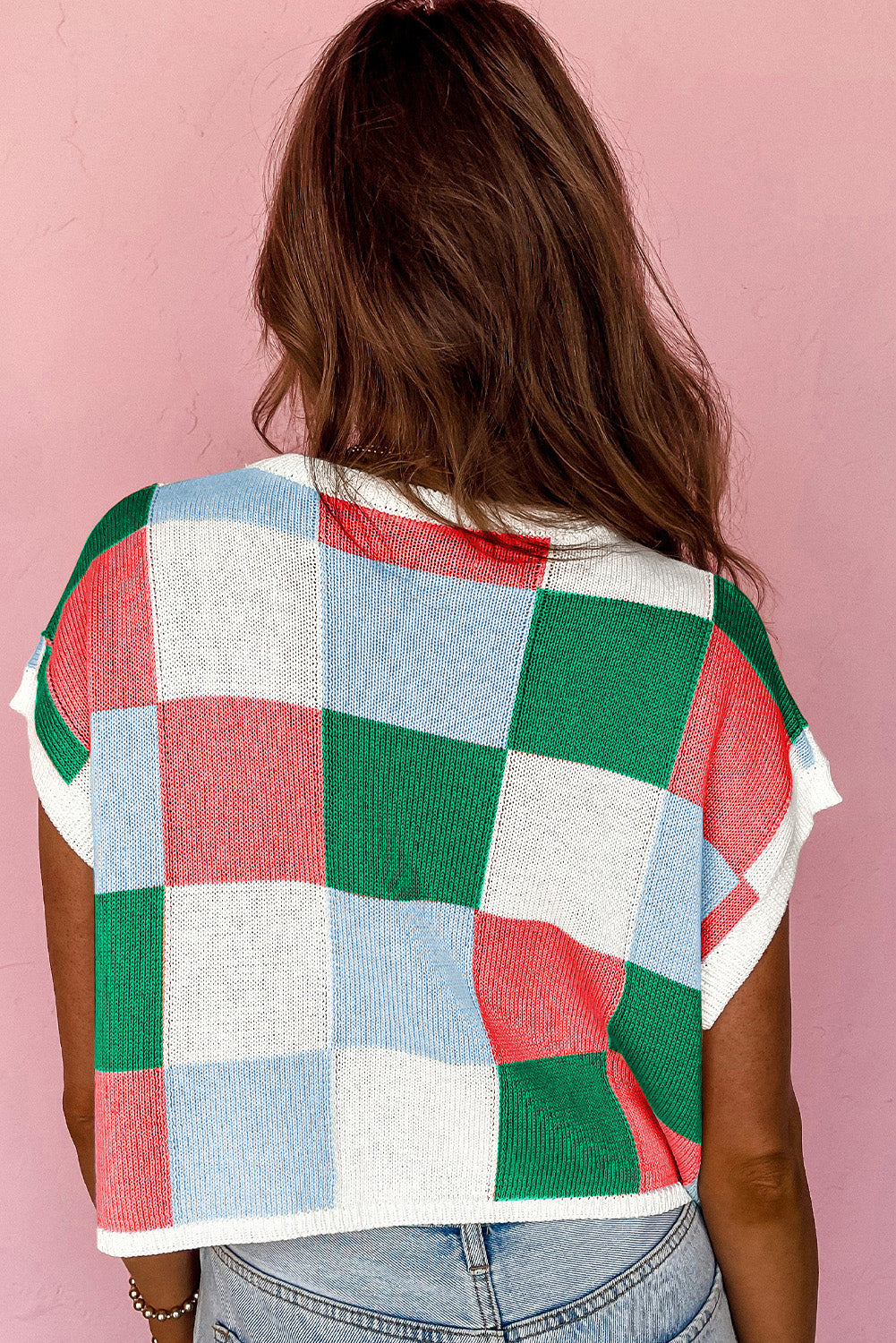 Fiery Red Checkered Color Block Cap Sleeve Knitted Top - Cowaa