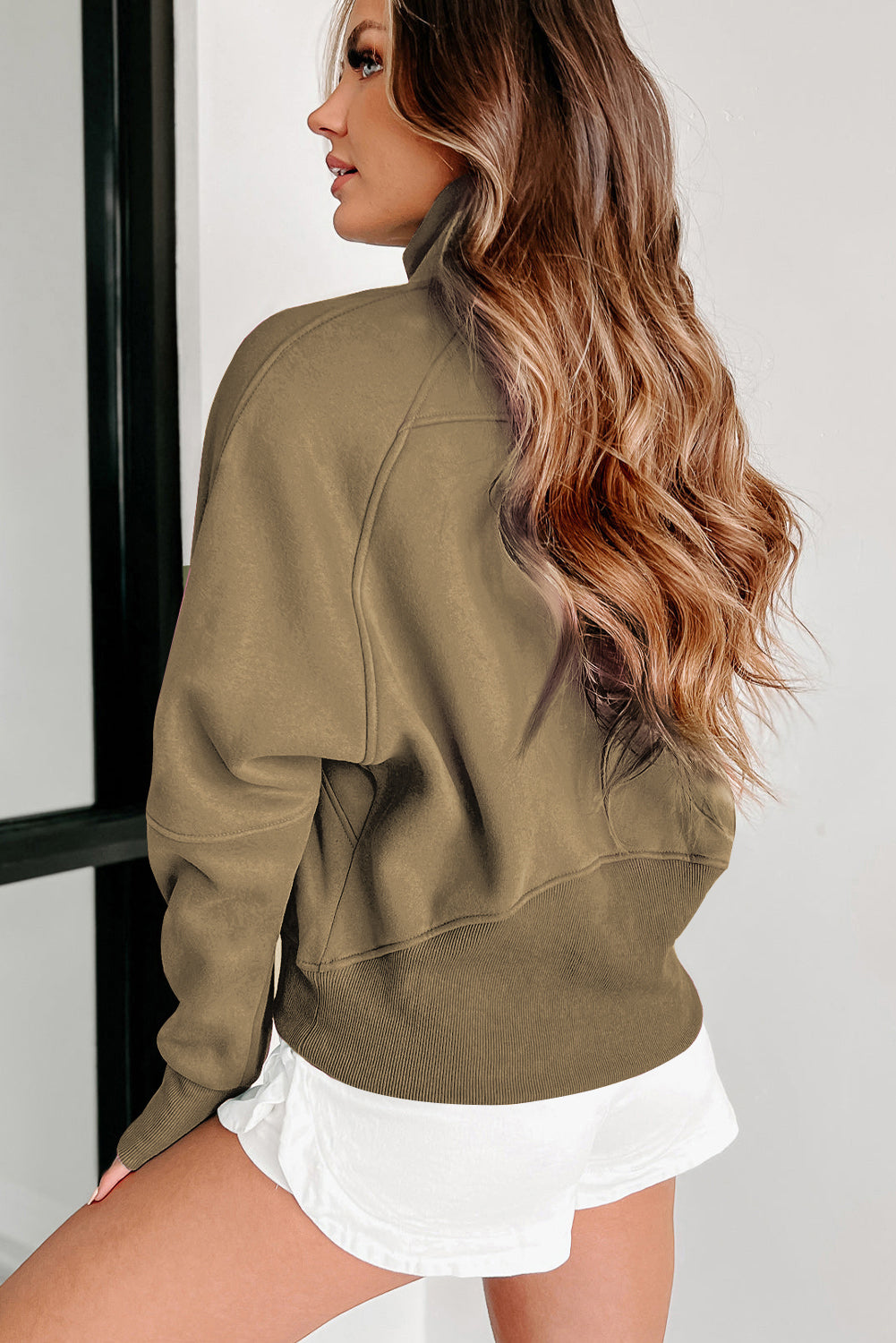 Brown Zip Up Stand Collar Thumbhole Sleeve Sweatshirt - Cowaa