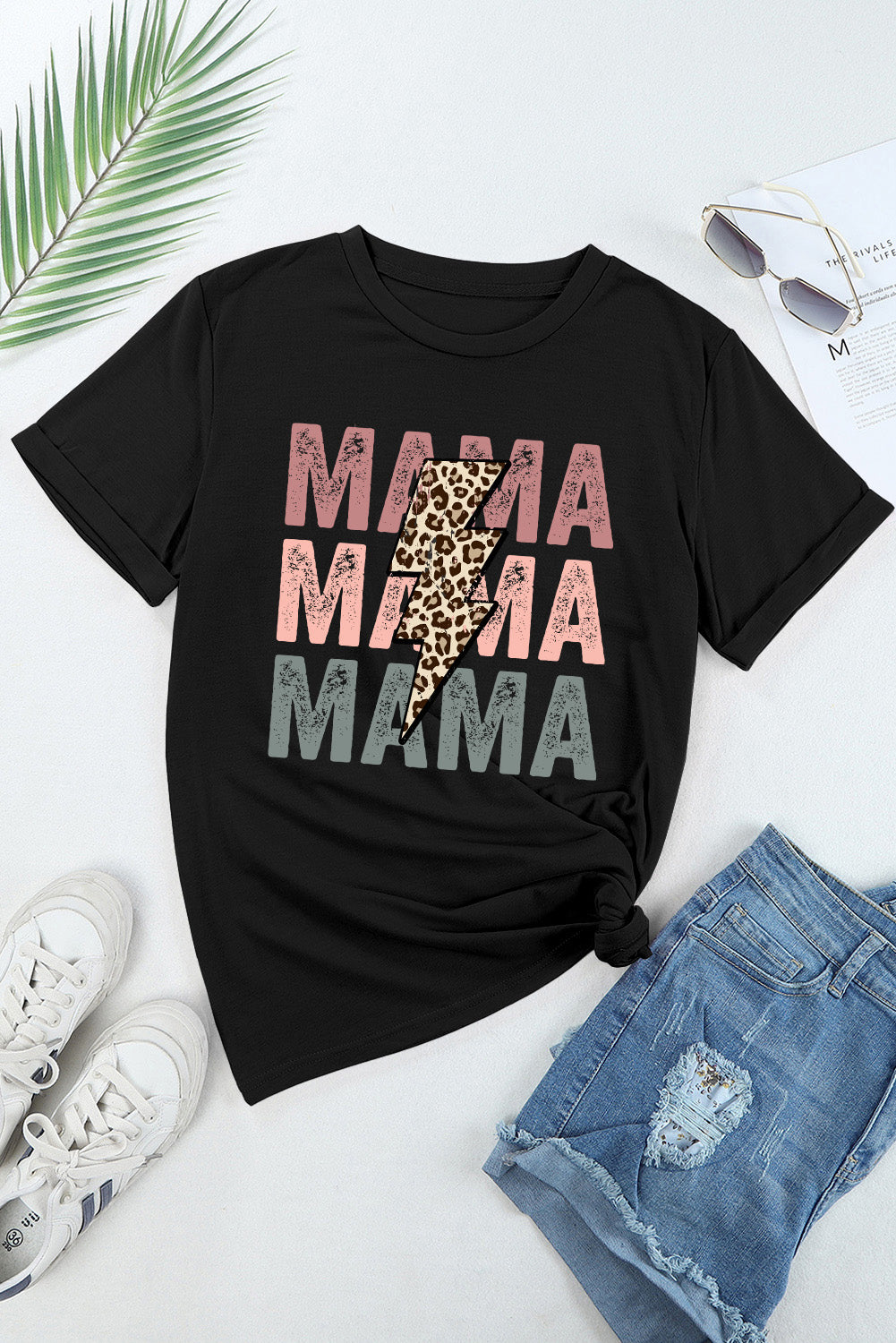 Black Leopard Lightning MAMA Letter Print Graphic Tee - Cowaa