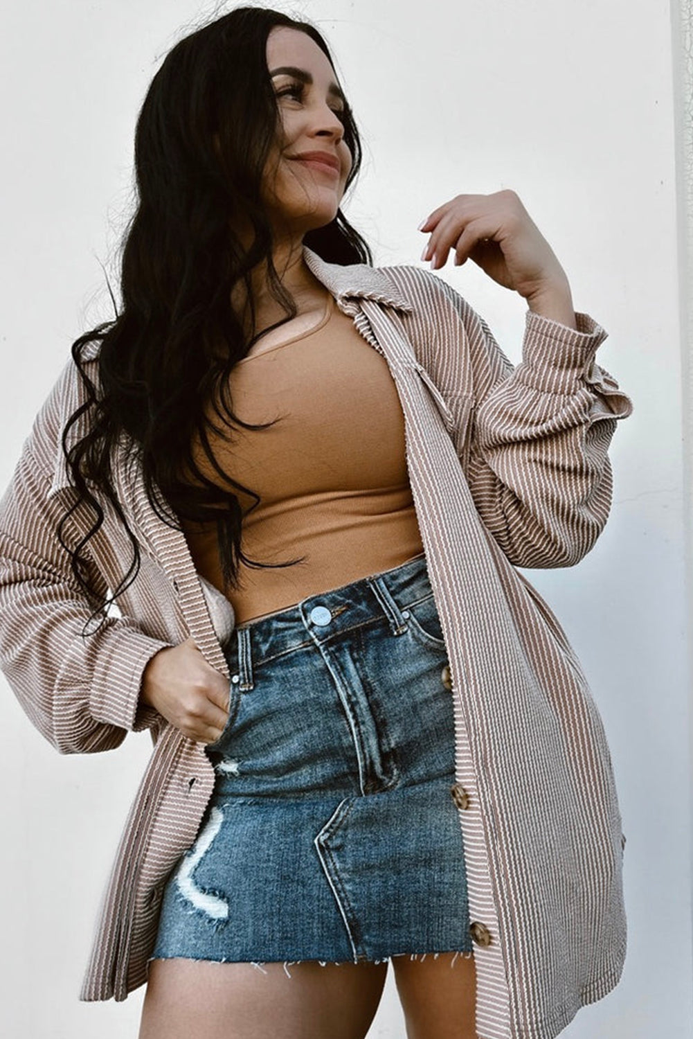 Smoke Gray Solid Corded Drop Shoulder Plus Size Shacket - Cowaa