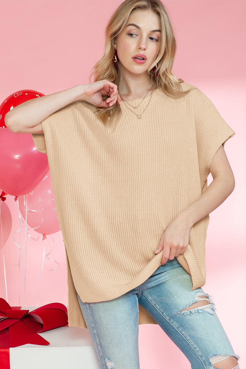 Rose Red Side Slit Short Sleeve Oversized Sweater - Cowaa