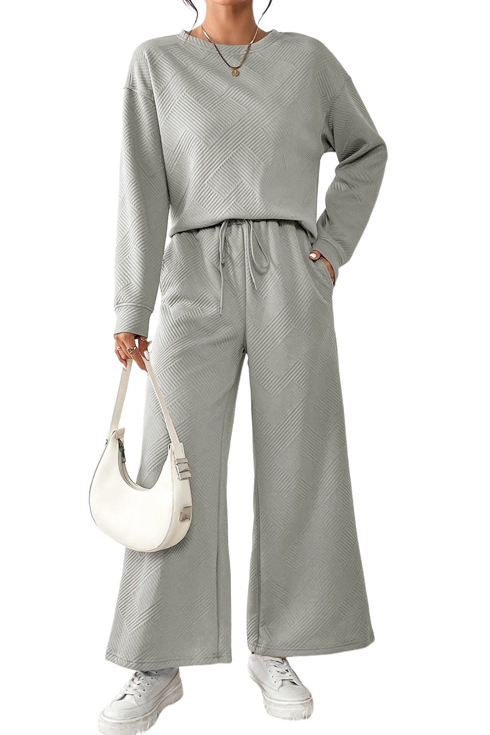 Strawberry Pink Textured Loose Slouchy Long Sleeve Top and Pants Set - Cowaa