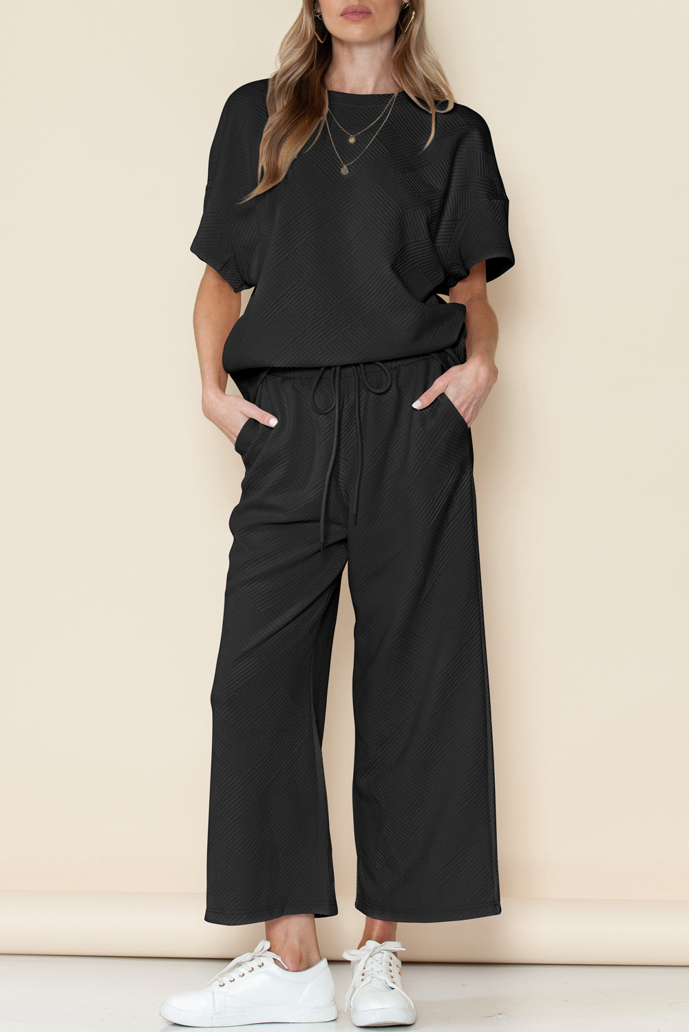 Navy Blue Textured Loose Fit T Shirt and Drawstring Pants Set - Cowaa