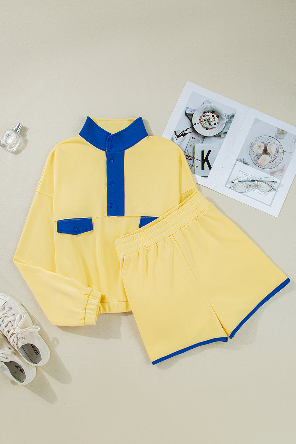 Red Dahlia Colorblock Patchwork Half Button Pullover and Shorts Outfit