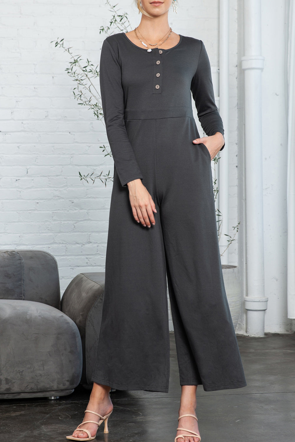 Dark Grey Henley Long Sleeve Wide Leg Jumpsuit with Pockets - Cowaa