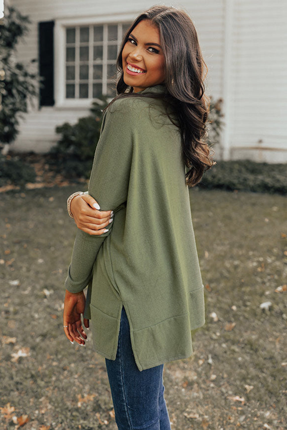 Cowl Neck Loose Fit Tunic Long Sleeve Top - Cowaa