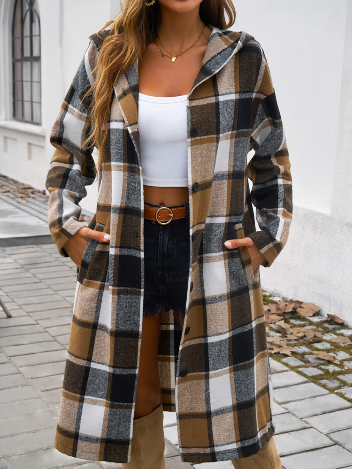 Devine Plaid Long Sleeve Hooded Coat - Cowaa
