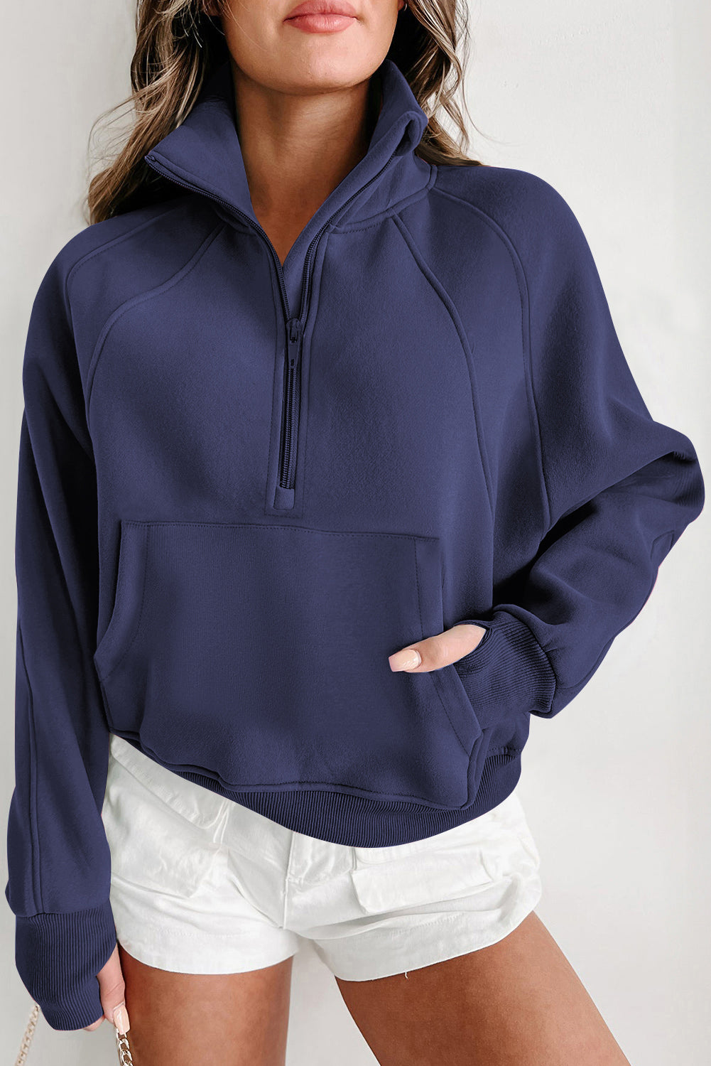 Brown Zip Up Stand Collar Thumbhole Sleeve Sweatshirt - Cowaa