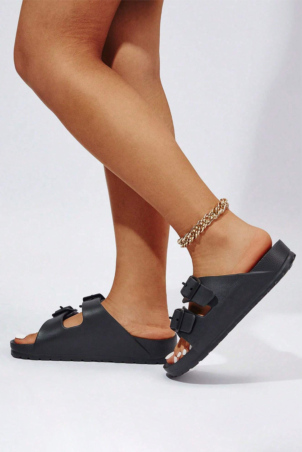 Double Buckle Strap Flat Sandels - Cowaa