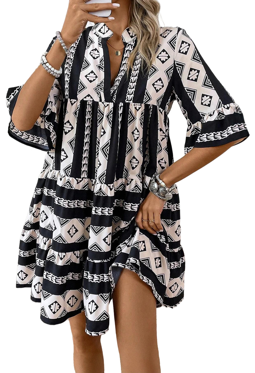 Black Abstract Print Bell Sleeve V Neck Boho Dress - Cowaa