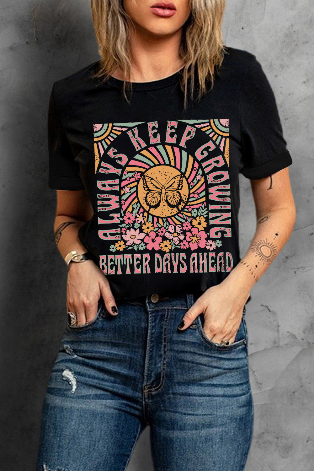 Black Always Keep Growing Butterfly Flower Graphic Tee - Cowaa