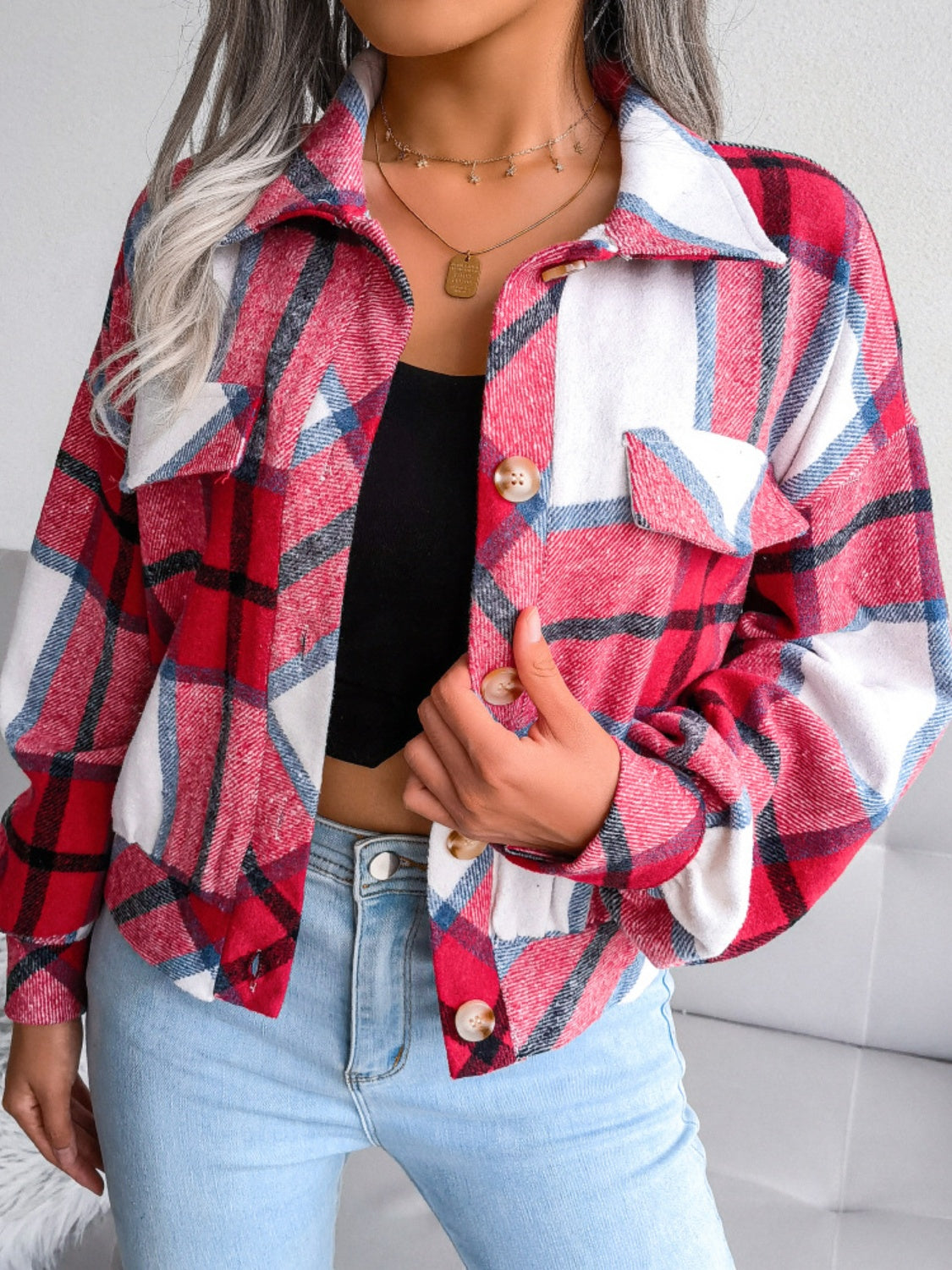 Plaid Collared Neck Long Sleeve Jacket - Cowaa