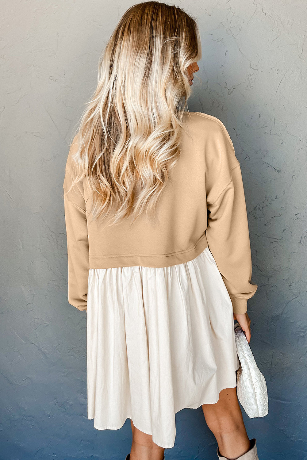 Khaki Sweatshirt 2-in-1 Flowy Pleated Mini Dress - Cowaa