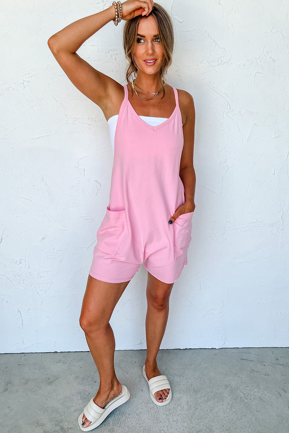 Pink Spaghetti Straps V Neck Pocketed Romper - Cowaa