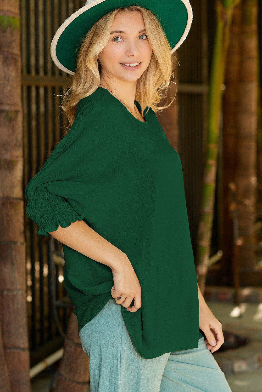 Apricot Solid Casual Smocked Cuffs Batwing Sleeve Blouse - Cowaa