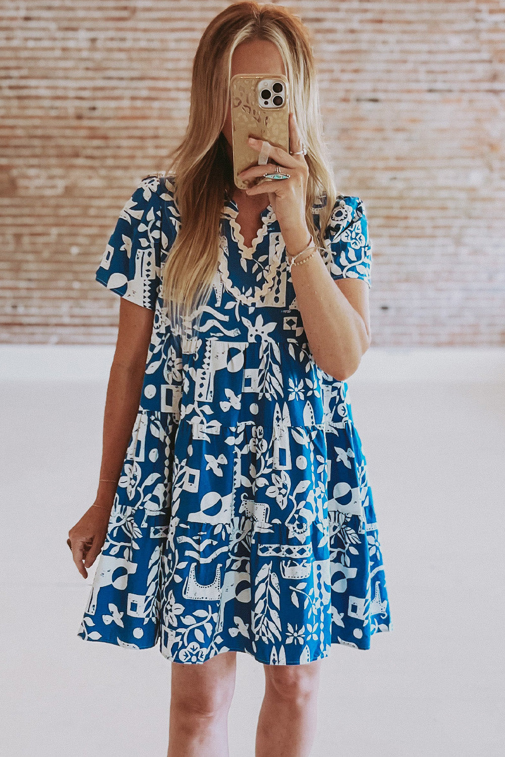 Blue Split V Neck Babydoll Flared Mini Dress - Cowaa