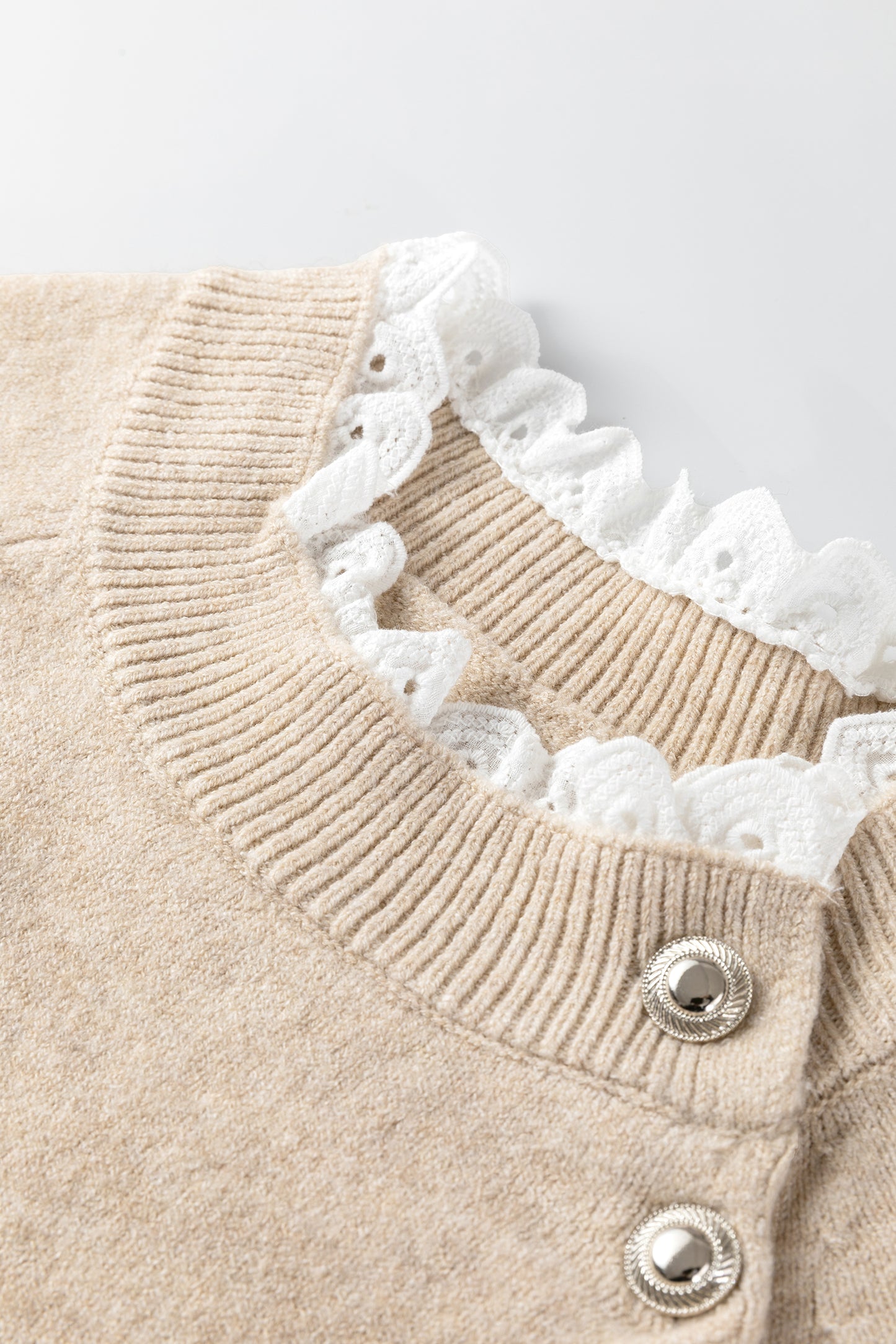 Parchment Button Lace Detail Raglan Sleeve Shift Mini Sweater Dress - Cowaa