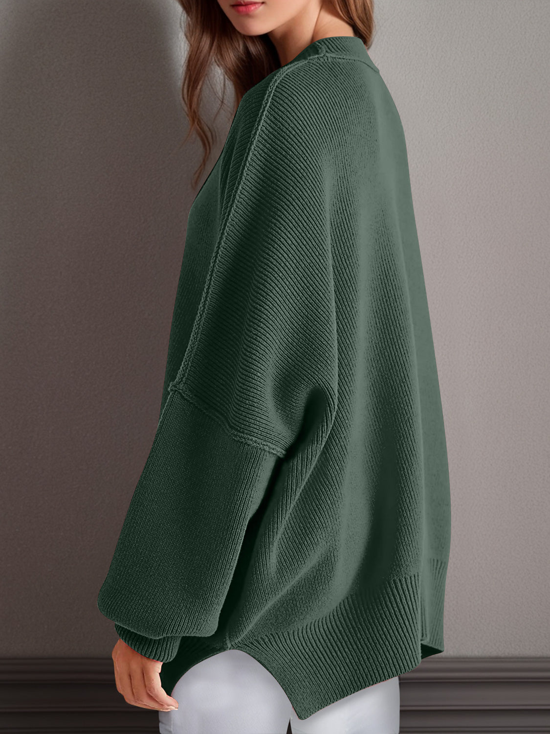 Double Take Side Slit Round Neck Long Sleeve Sweater - Cowaa