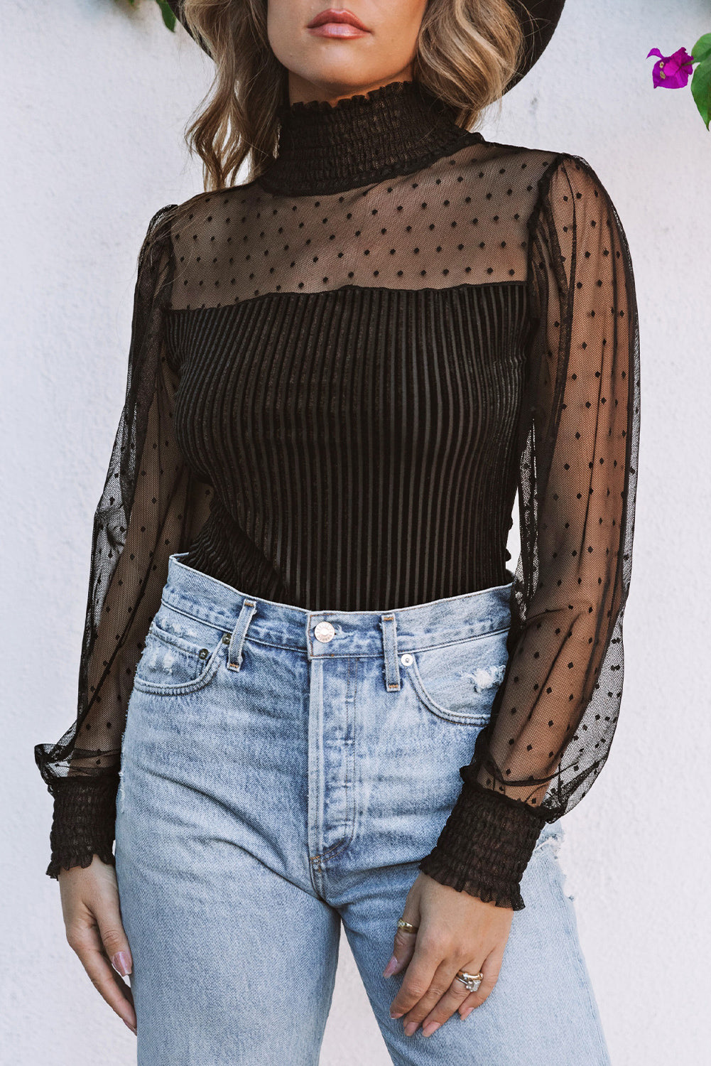 Sheer Dotty Puff Sleeve Ribbed Velvet Bodysuit - Cowaa