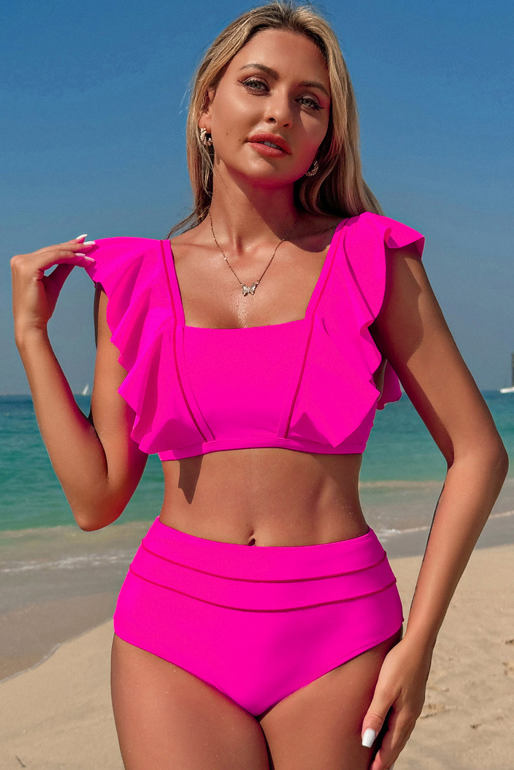 Bright Pink Tie Back Ruffled 2pcs Bikini Swimsuit