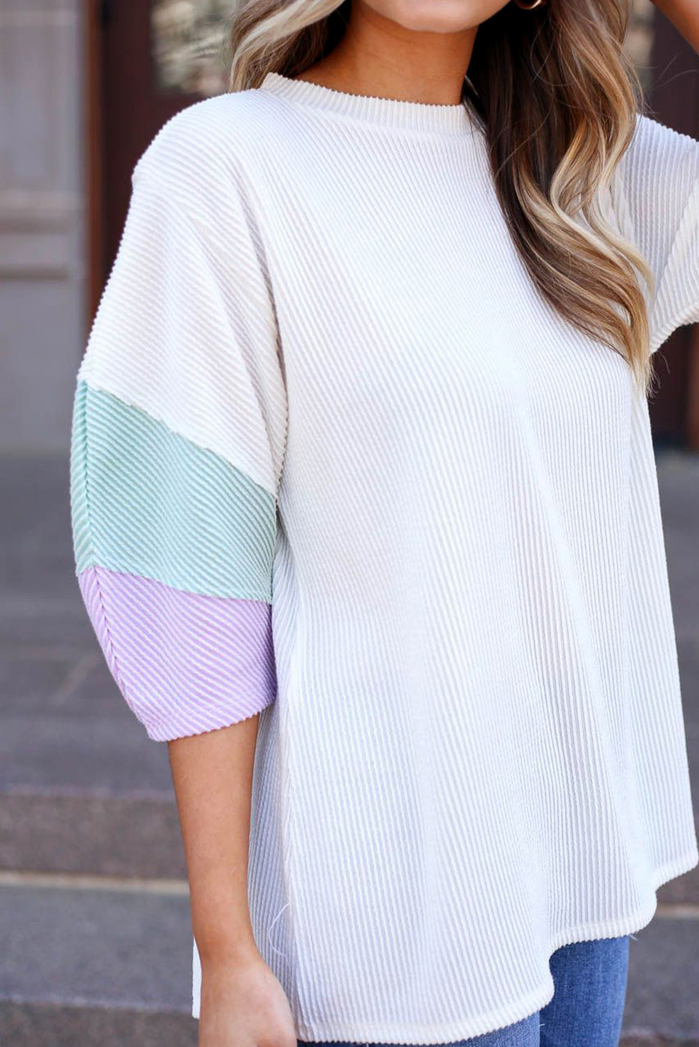 White Pit-striped Colorblock Drop Sleeve Top - Cowaa