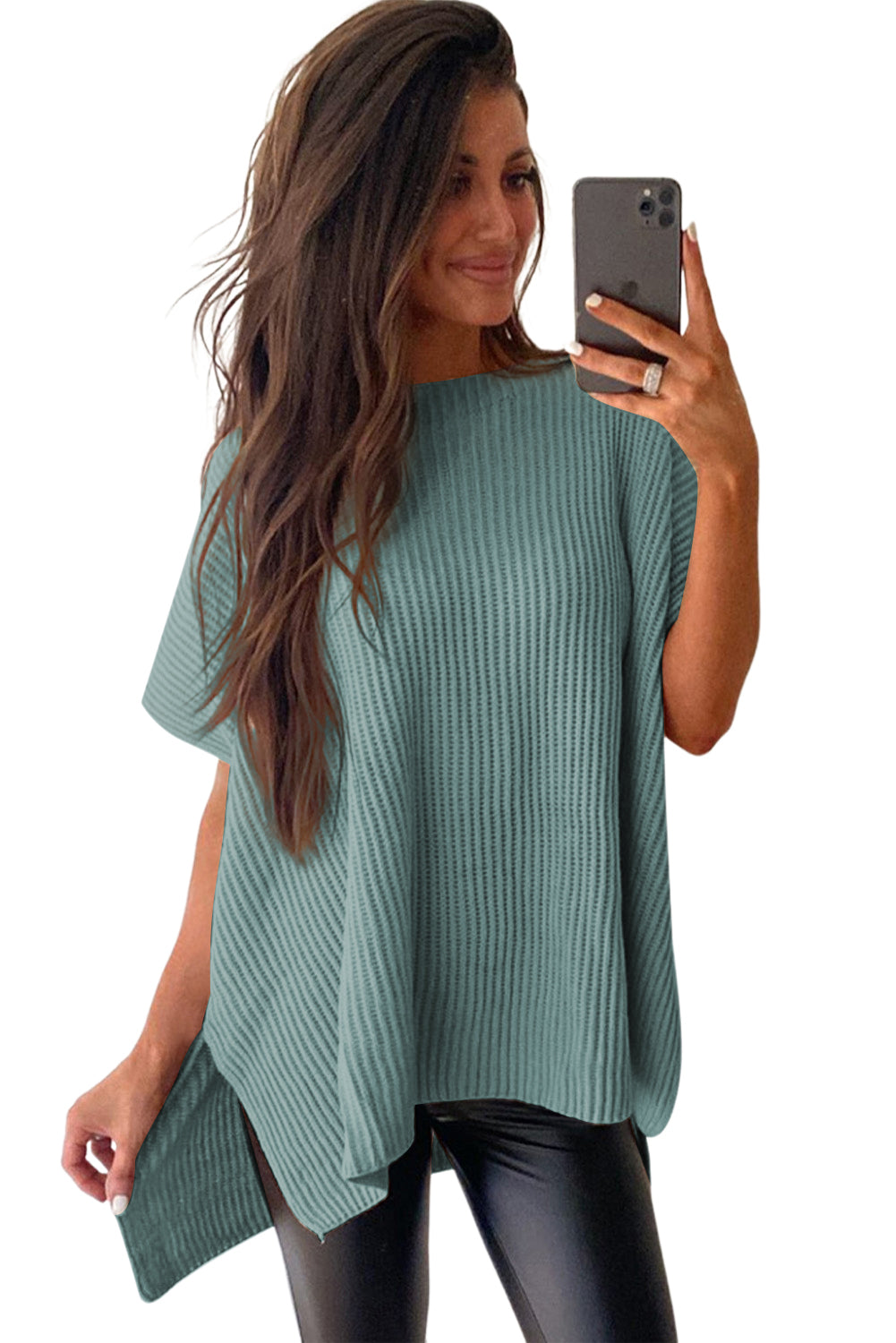 Rose Red Side Slit Short Sleeve Oversized Sweater - Cowaa