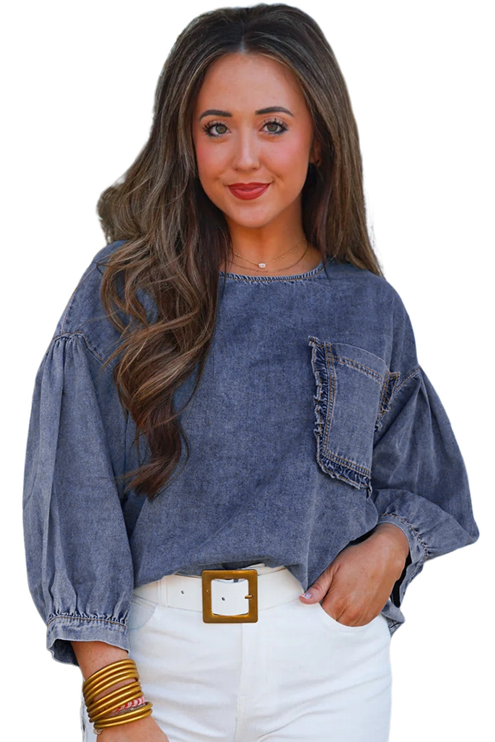 Sky Blue Frill Trim Puff Sleeve Pocket Denim Blouse - Cowaa