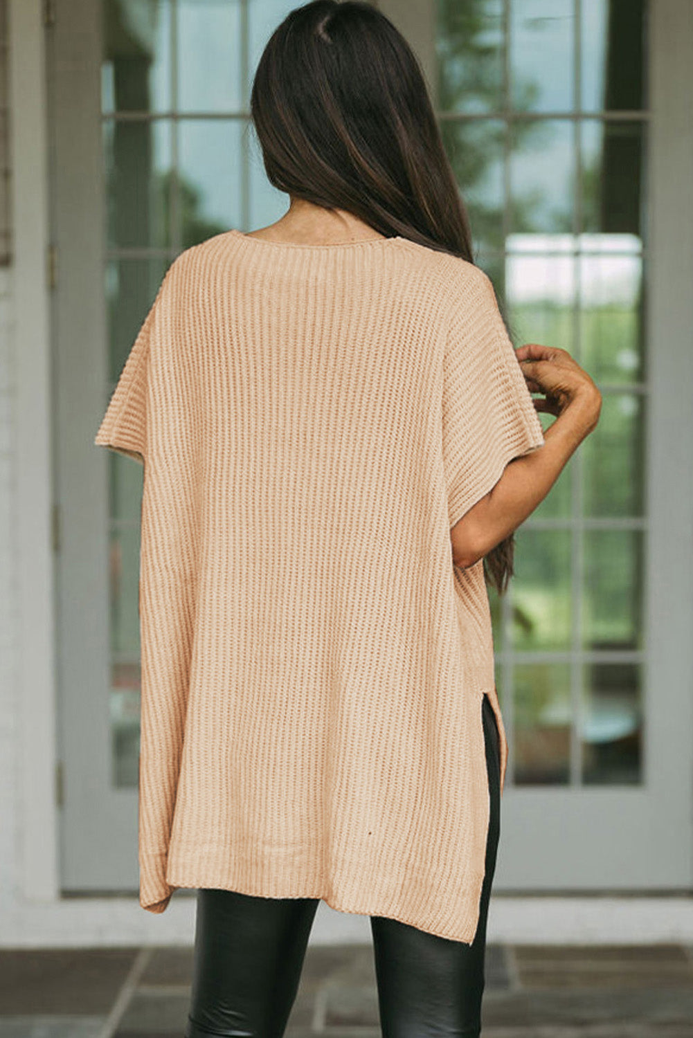 Rose Red Side Slit Short Sleeve Oversized Sweater - Cowaa