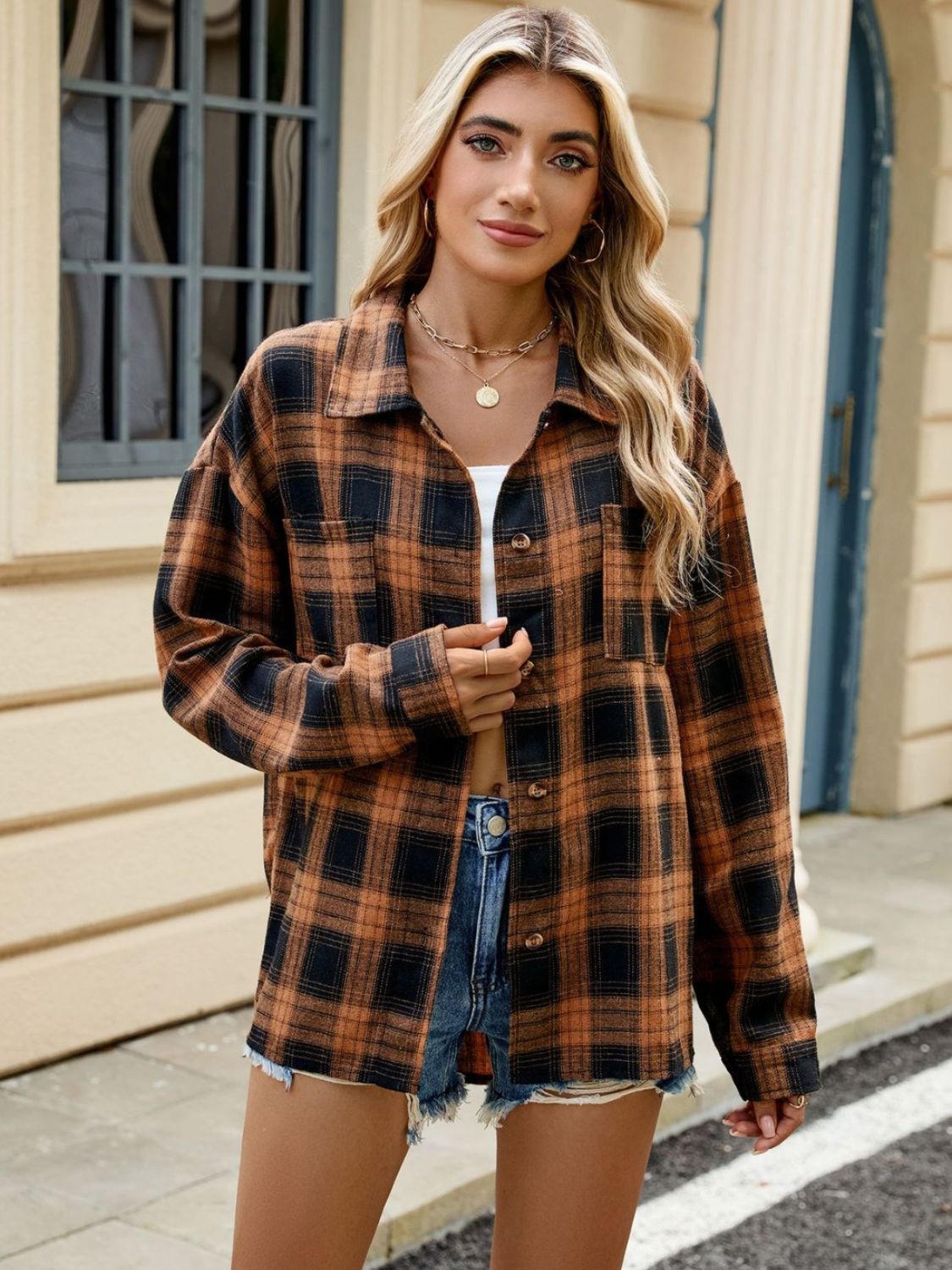 Plaid Collared Neck Long Sleeve Shirt - Cowaa