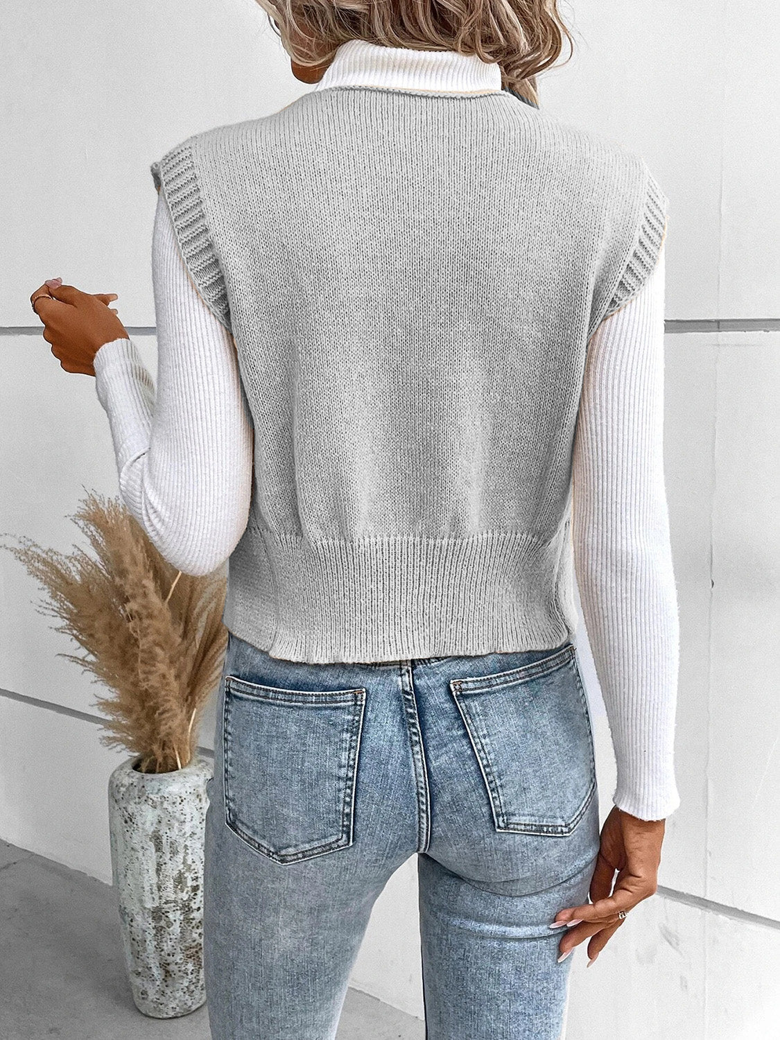 Full Size Button Up V-Neck Sweater Vest - Cowaa